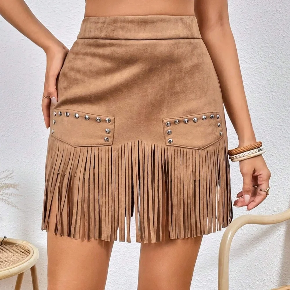 Western Fringe Hem Studded Mini Skirt - Picture 8 of 9